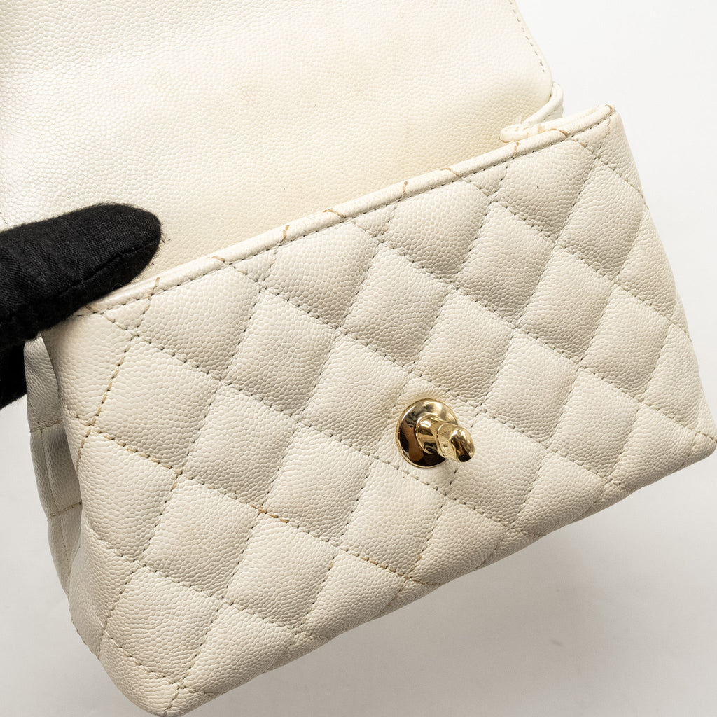 CHANEL MINI COCO HANDLE CAVIAR WHITE LGHW (MICROCHIP)
